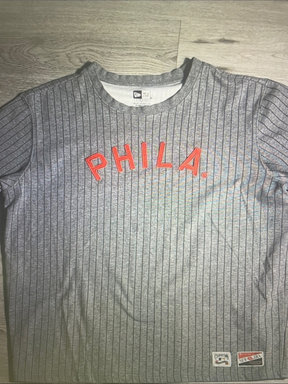 New Era Gray Pinstripe Tee with Red PHILA. Embroidery